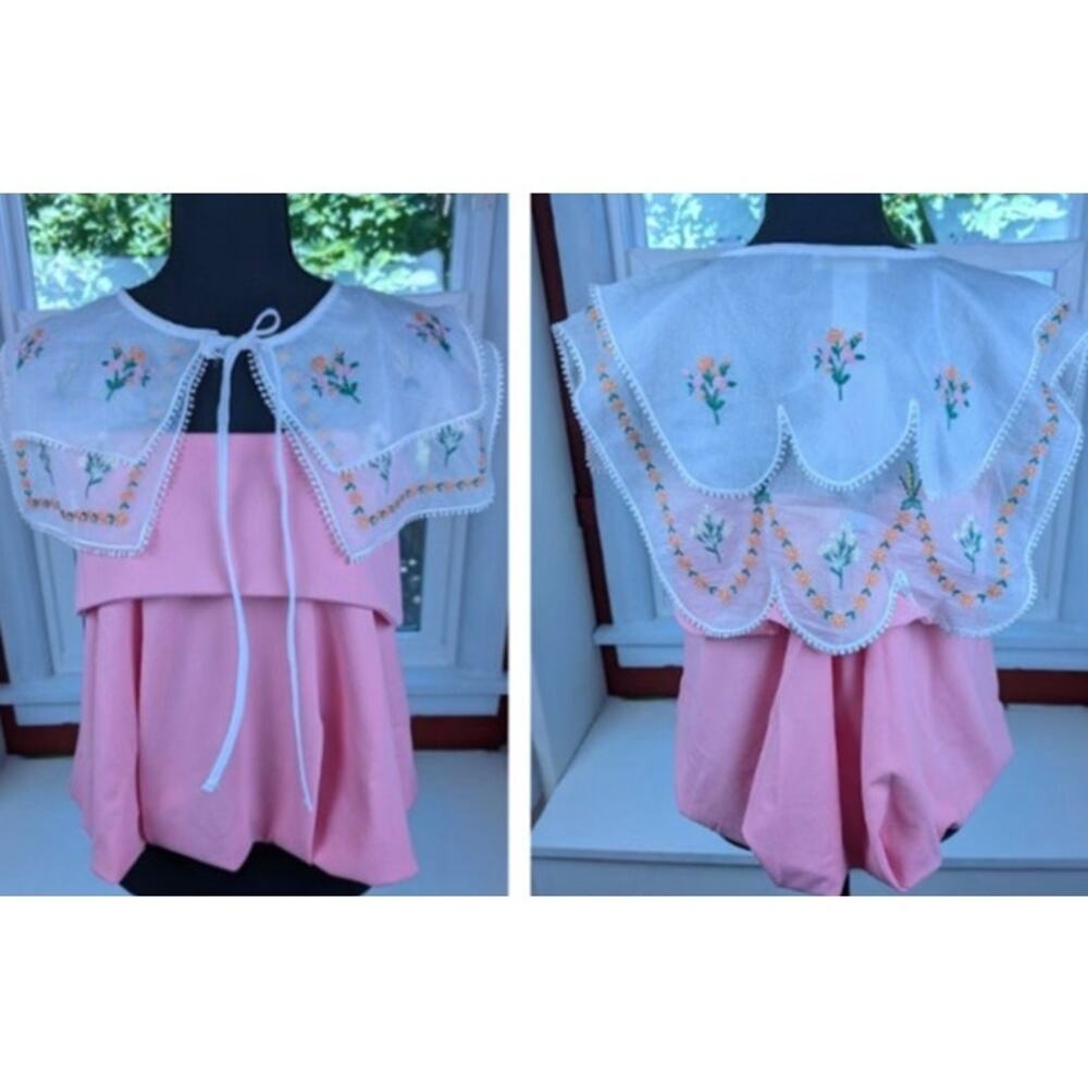Bubble Top Sheer Embroidered Sailor Collar Scalloped Hem Overlay Sz Large Floral